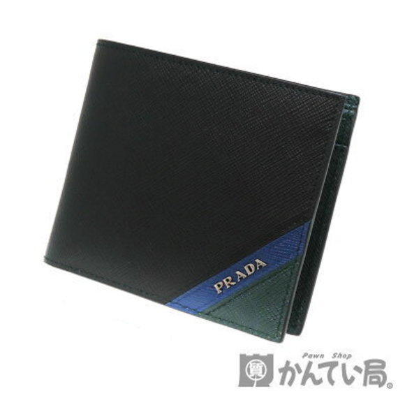 PRADA Bifold Wallet Leather Black Green Blue - Picture 1 of 6